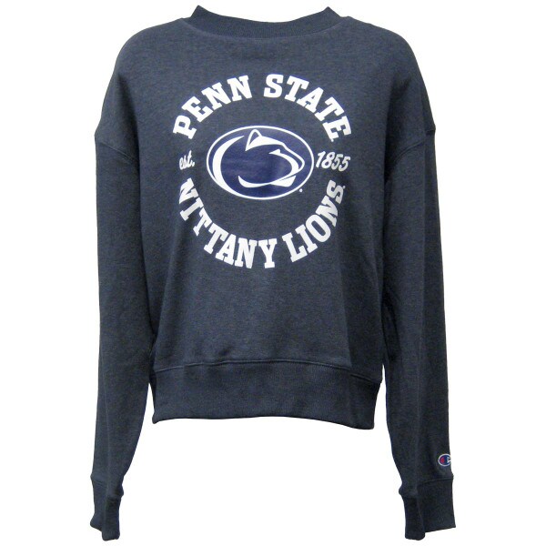 women's navy heather crew neck sweatshirt with Penn State Nittany Lions, Athletic Logo, and Est. 1855
